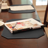 Black 17 x 12 Leatherette Cut Corner Placemat w/ White Stitching